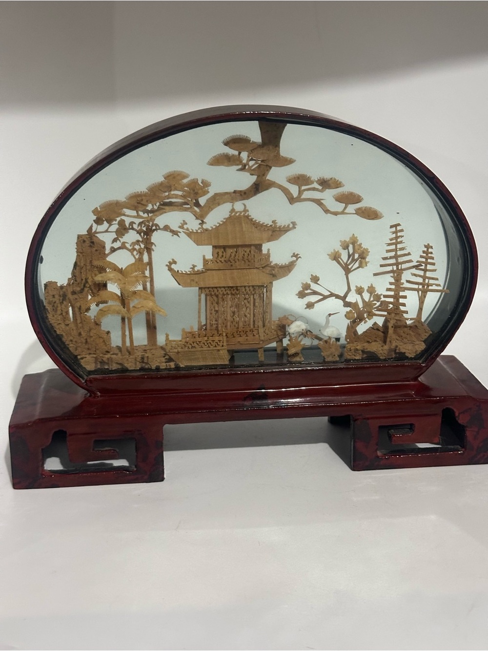 Handcrafted Asian cork art Glass Art in Red and Natural Wood Tones
